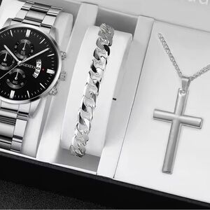 Silver Watch, Bracelet, and Necklace Set
